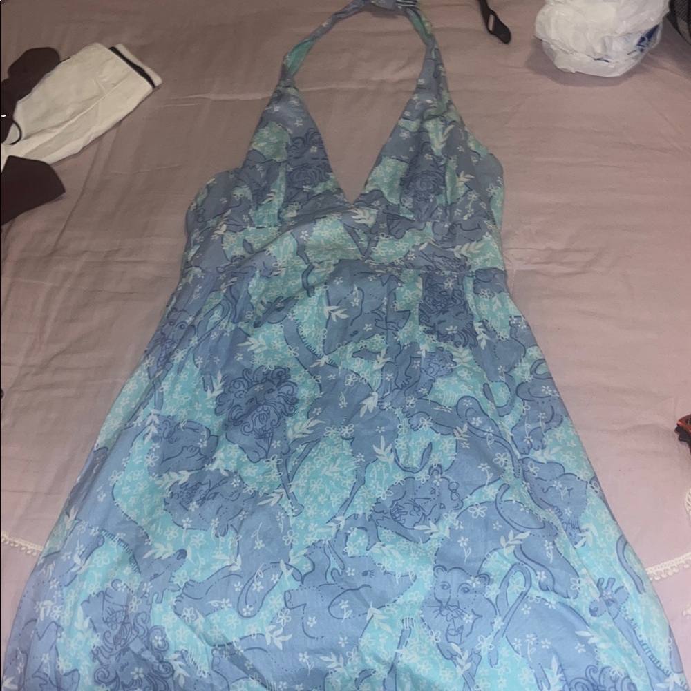 Vintage Lilly Pulitzer Blue Halter Dress with Animal Print 100% cotton